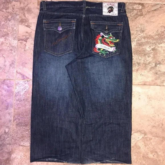 Y2K Ed Hardy Blue Relaxed Jeans with Dragon Embroidery Pants